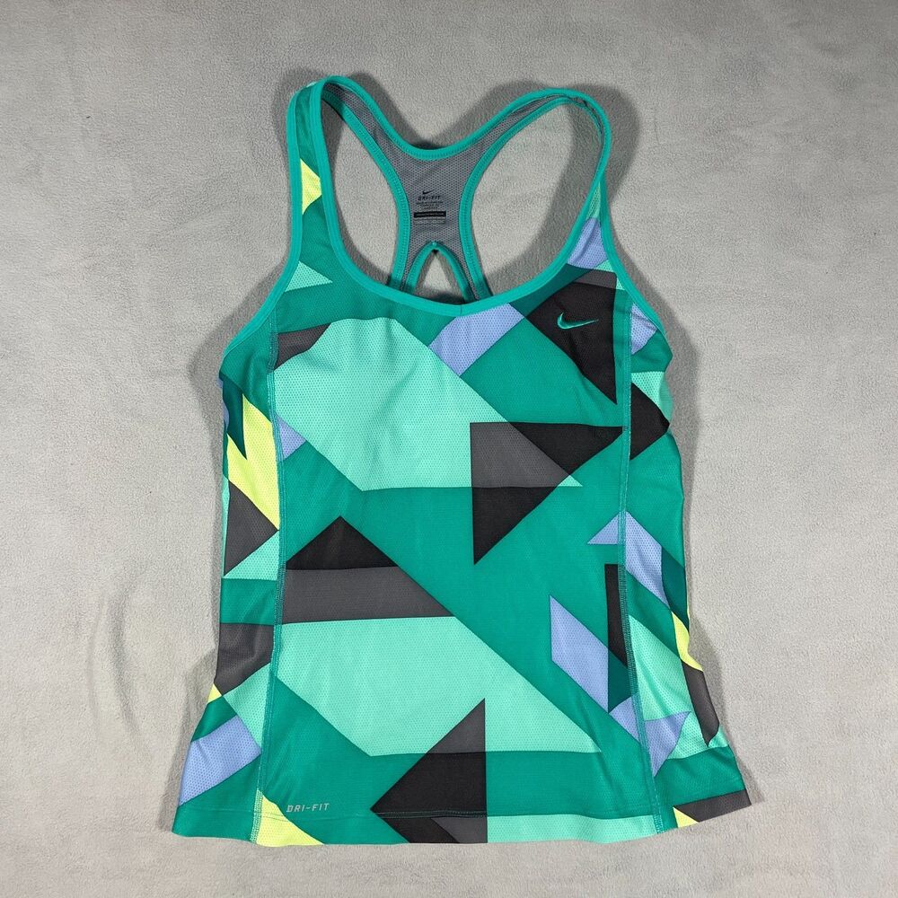 Nike Dri-FIT Womens Large Green Geometric Mesh Racerback Tank Top Built In Bra